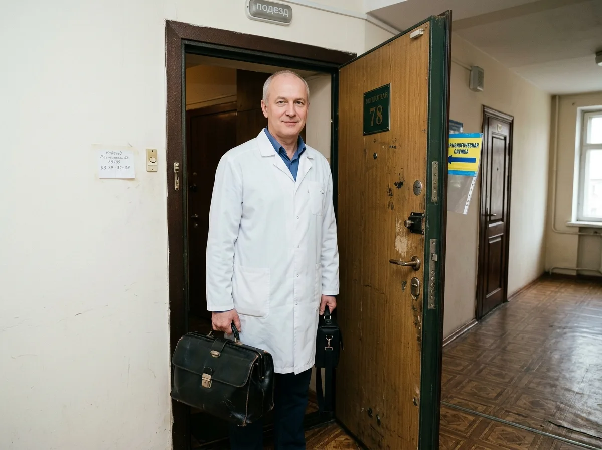Профессиональный нарколог в белом халате с медицинским чемоданом стоит у двери московской квартиры, готов к выезду, уверенный и спокойный вид