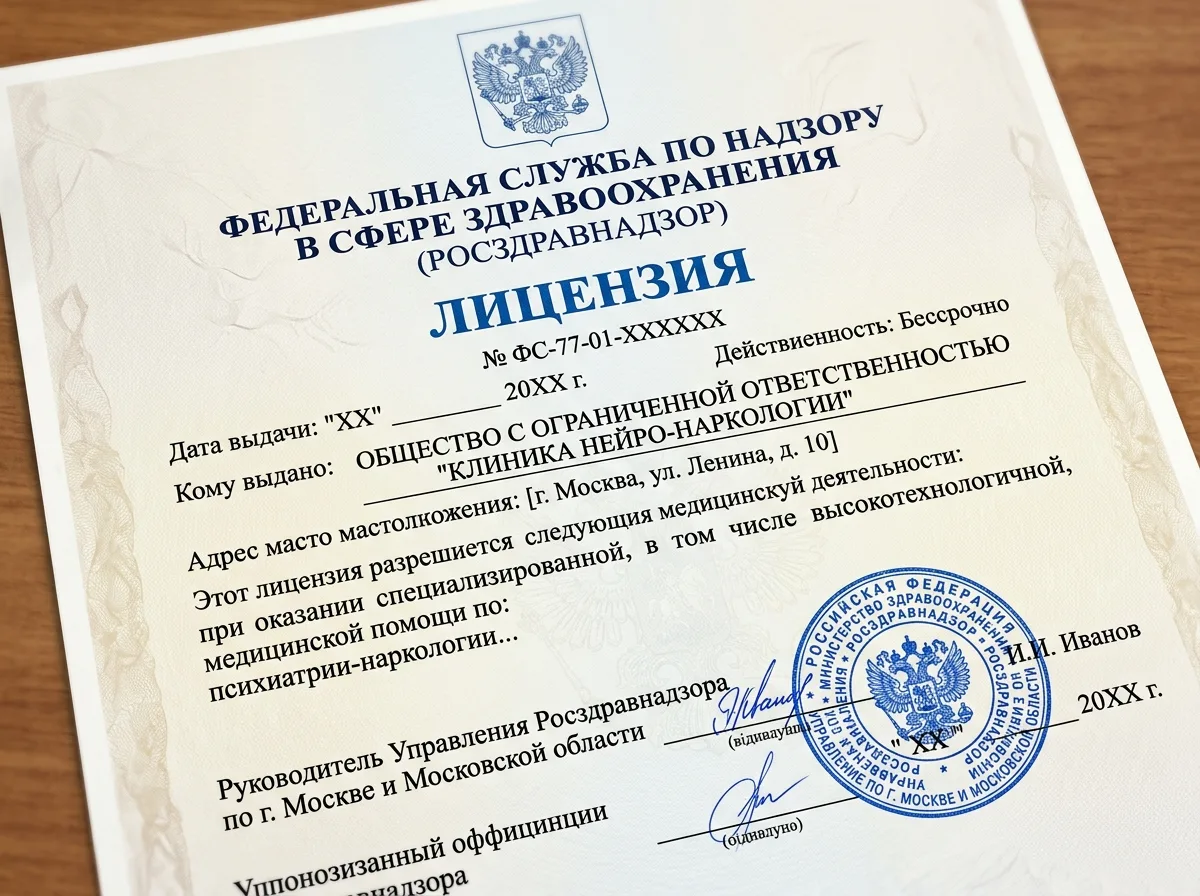 Лицензия на осуществление медицинской деятельности по профилю наркология, официальный бланк Росздравнадзора, синяя печать и подписи должностных лиц